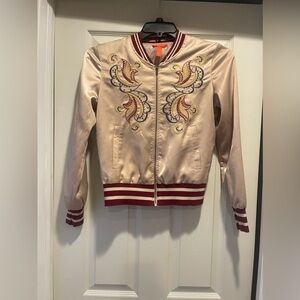 Embroidered Satin Bomber Jacket - Tan